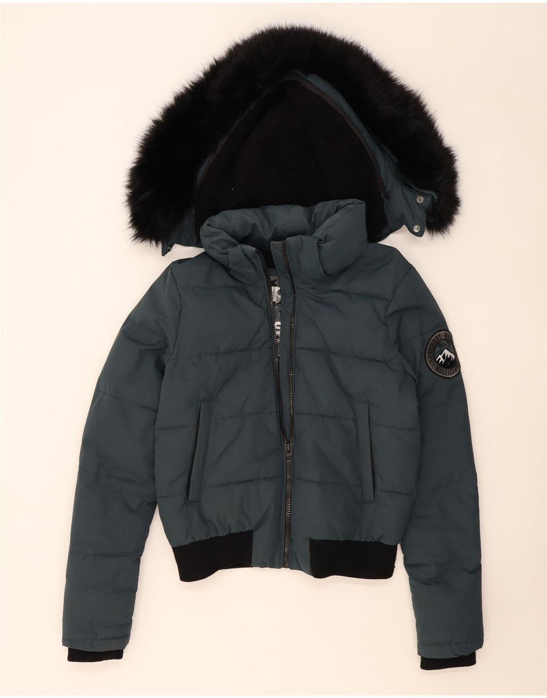 Jaqueta bomber acolchoada feminina Superdry com capuz UK 14 bloco colorido azul médio
