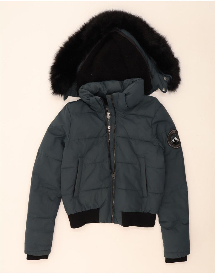 Jaqueta bomber acolchoada feminina Superdry com capuz UK 14 bloco colorido azul médio