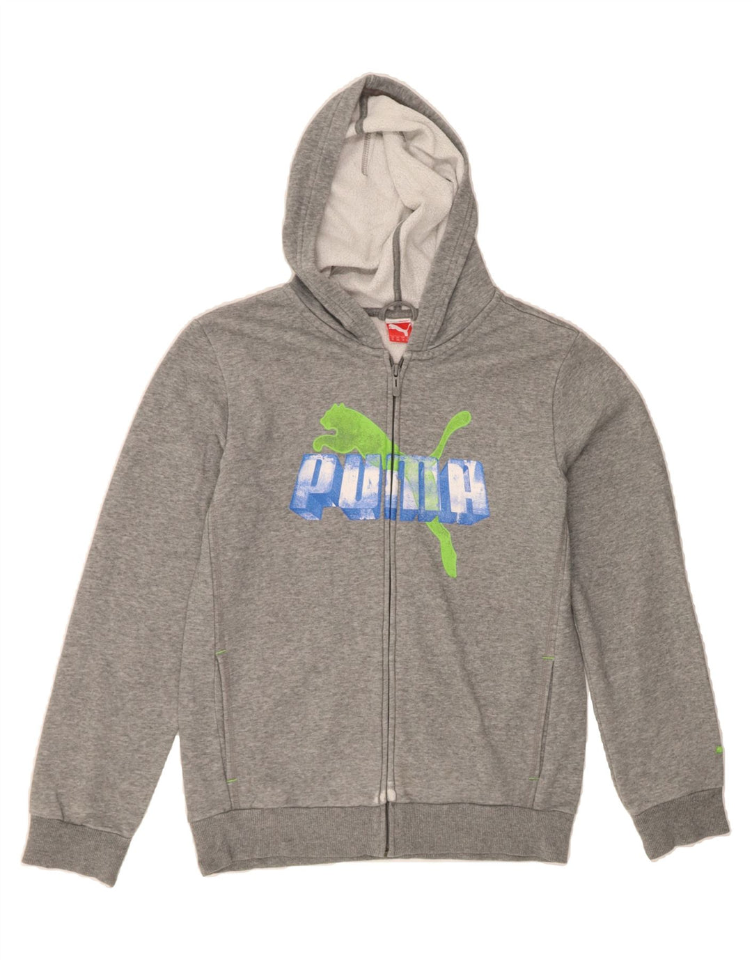 PUMA Boys Graphic Zip Hoodie Sweater 13-14 Years Grey Cotton Vintage Puma and Second-Hand Puma from Messina Hembry 