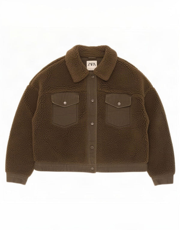 Zara Womens Crop Sherpa Jacket UK 14 Grande Poliéster Cáqui