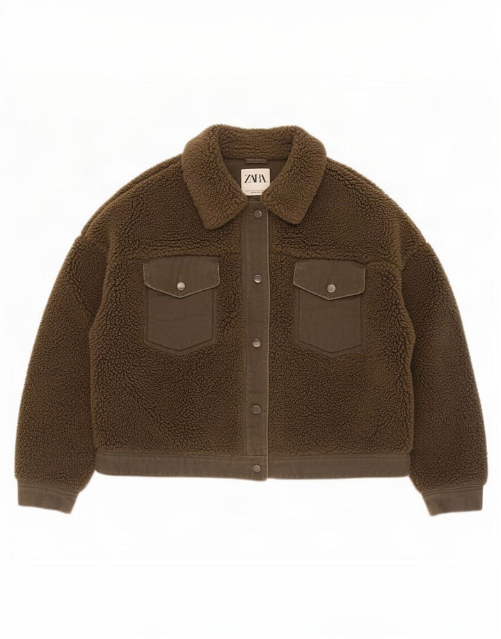 Zara Womens Crop Sherpa Jacket UK 14 Grande Poliéster Cáqui