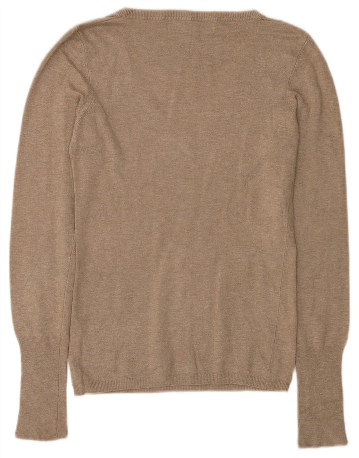 Suéter feminino Zara com decote em V Reino Unido 12 médio bege rayon