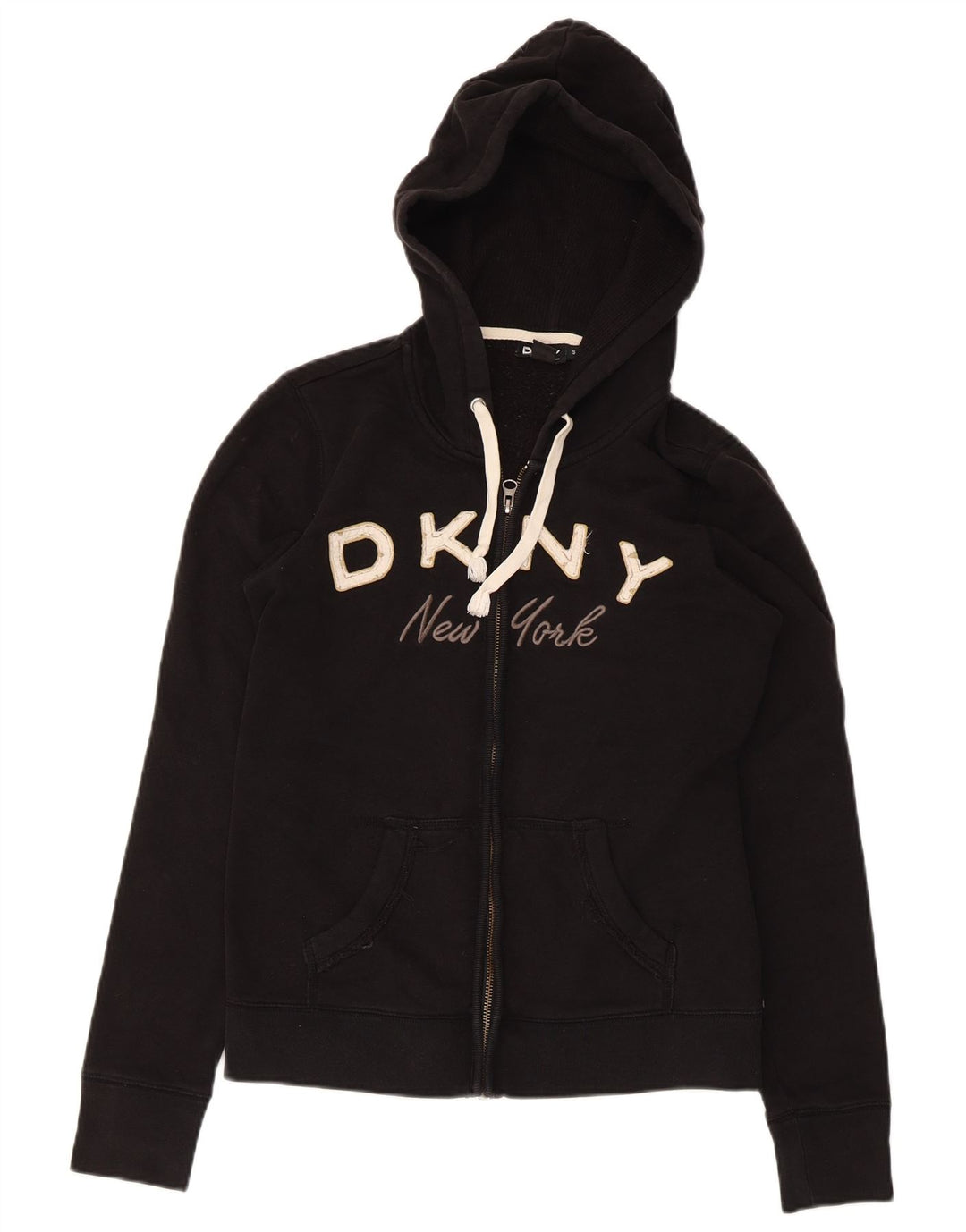 Dkny Suéter feminino com capuz e zíper gráfico New York Reino Unido 10 pequeno algodão preto