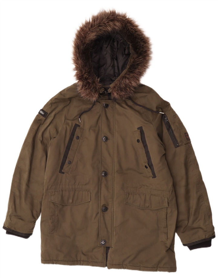 Jaqueta Parka masculina Superdry com capuz UK 40 poliéster cáqui grande
