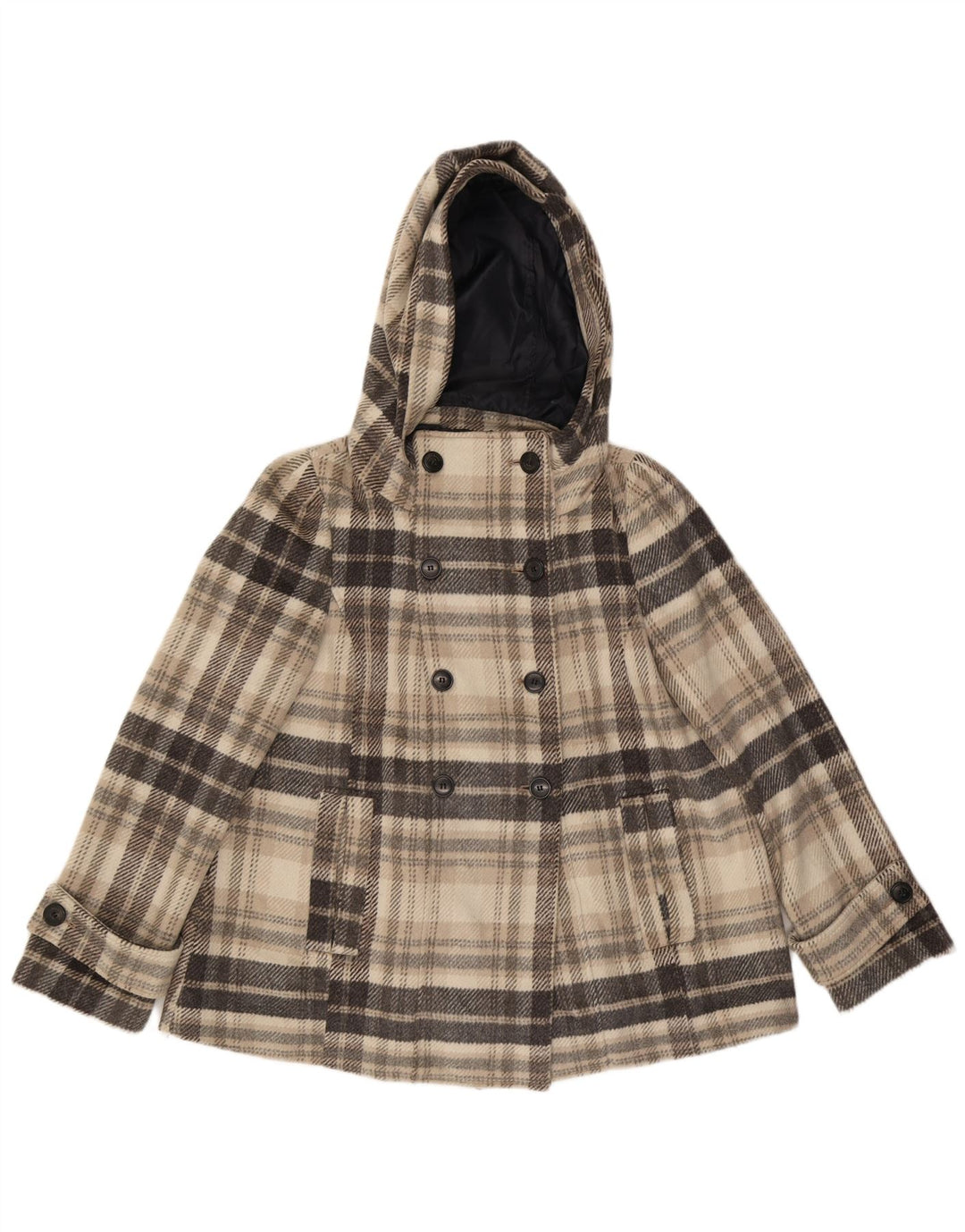 Zara Womens Hooded Pea Coat UK 14 Poliéster xadrez cinza médio