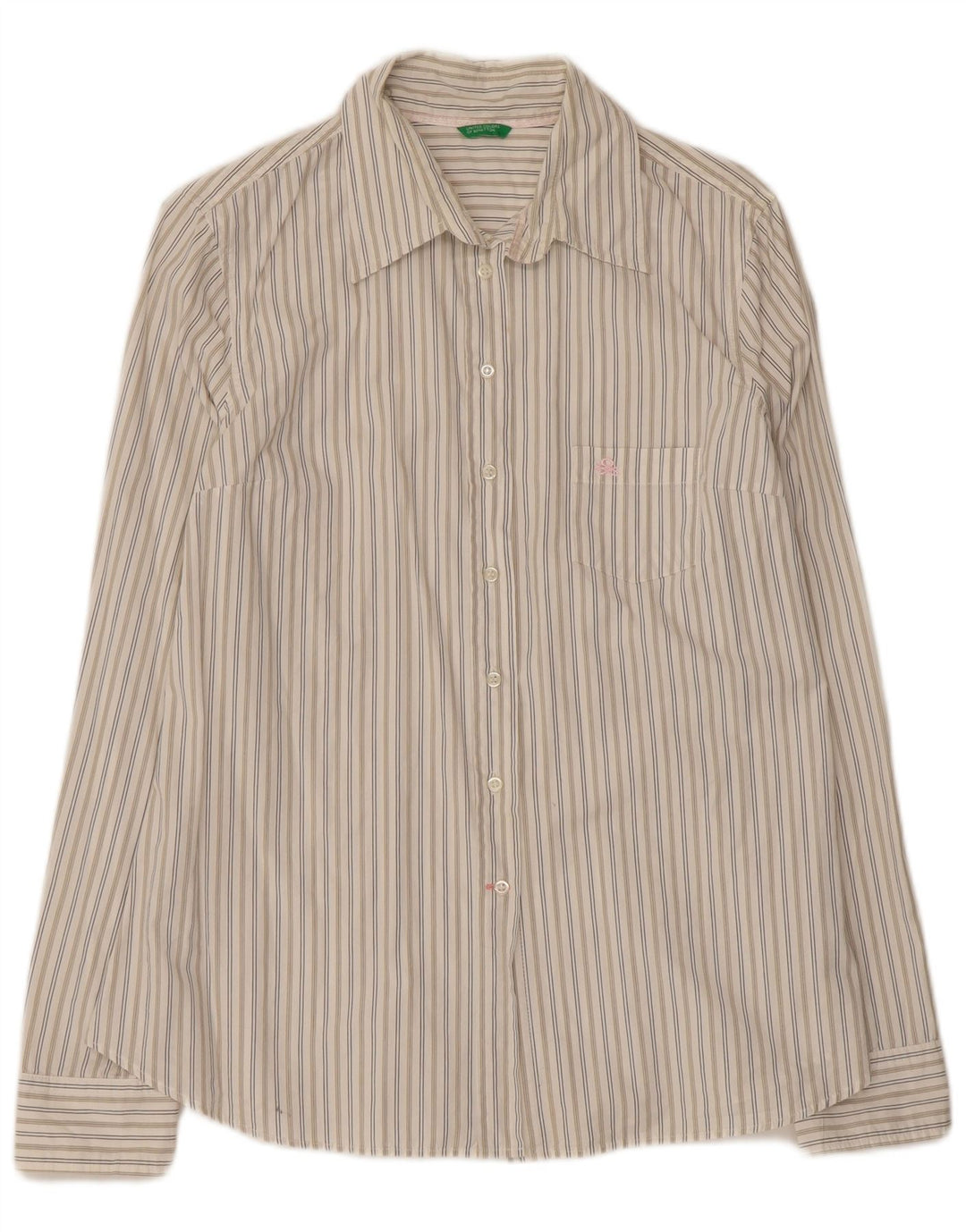 Camisa feminina Benetton UK 14 grande algodão listrado branco