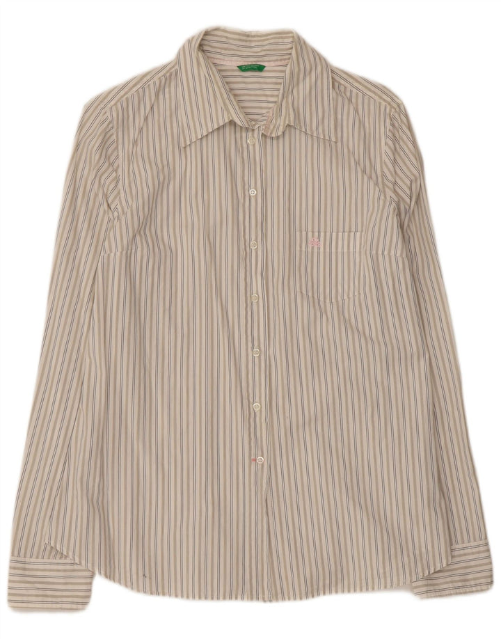 Camisa feminina Benetton UK 14 grande algodão listrado branco
