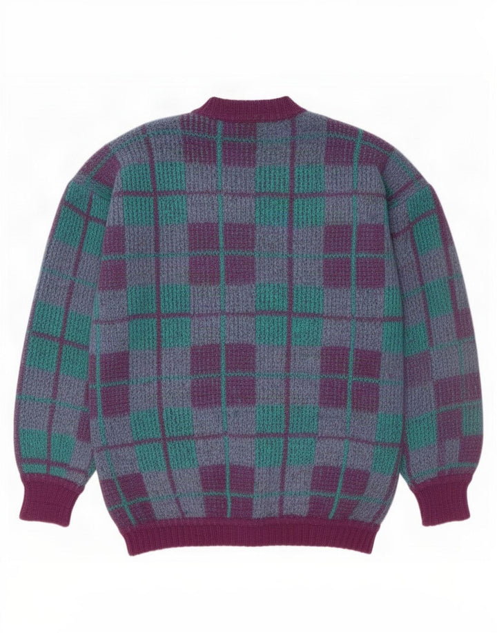 Suéter vintage masculino com gola redonda, meio roxo geométrico