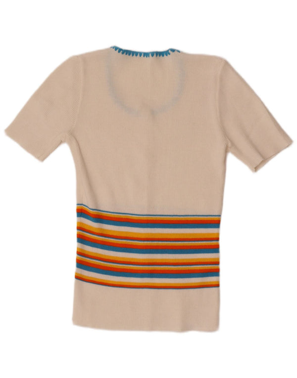 Blusa curta feminina vintage manga 1/2 Top UK 4 XS listrado branco