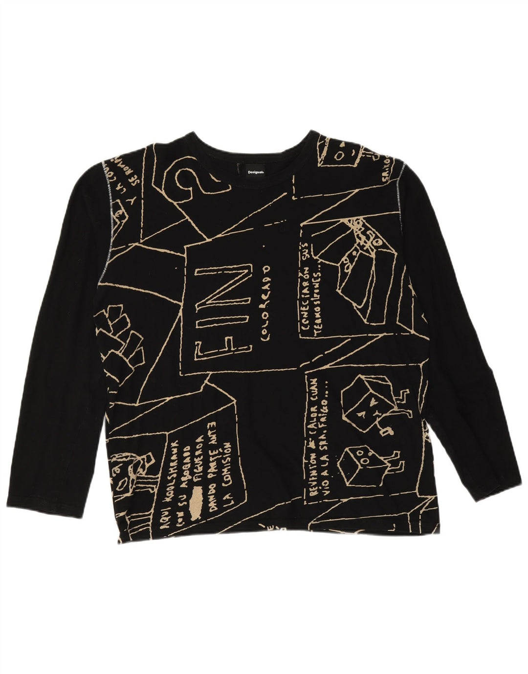 DESIGUAL Womens Oversized Graphic Top Long Sleeve UK 16 Large Black Cotton