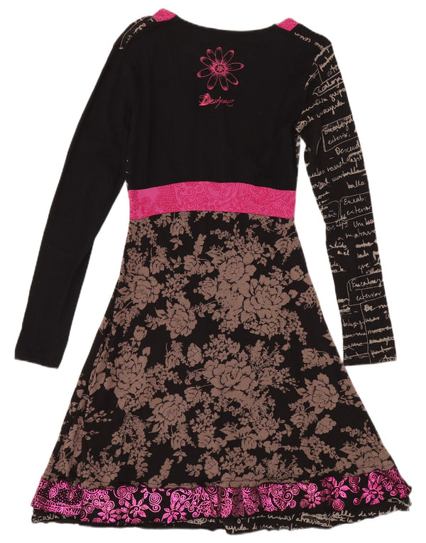DESIGUAL Vestido feminino estampado de manga comprida evasê UK 12 médio preto floral
