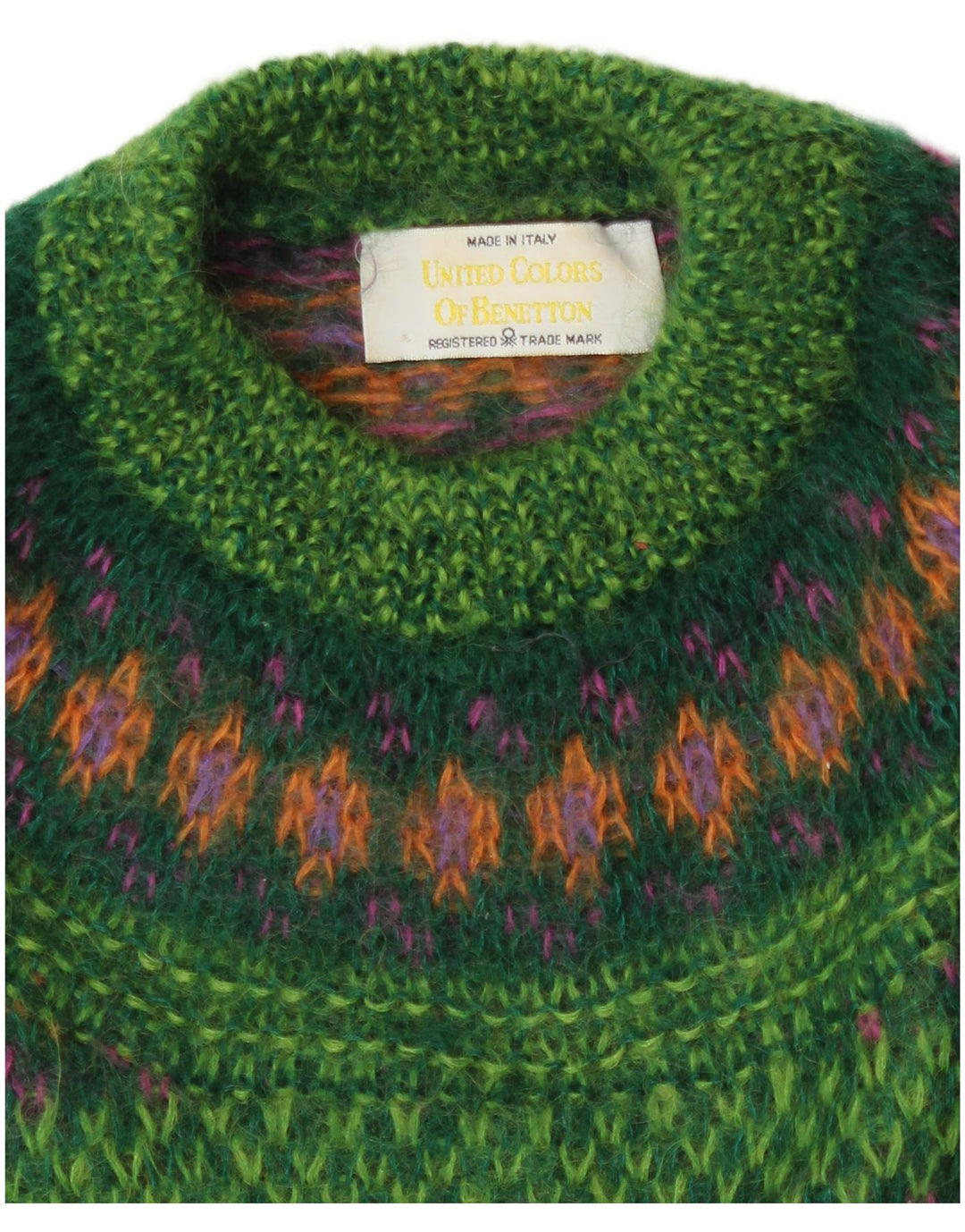 Suéter feminino Benetton com gola tartaruga UK 14 médio verde Fair Isle
