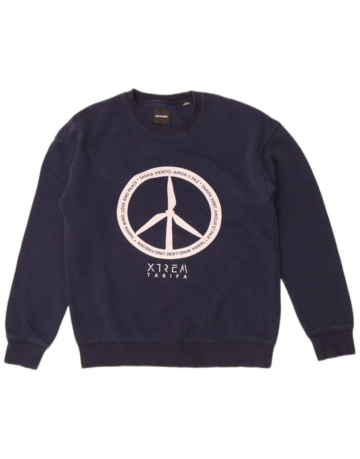 Jack & Jones moletom gráfico masculino jumper médio azul marinho algodão