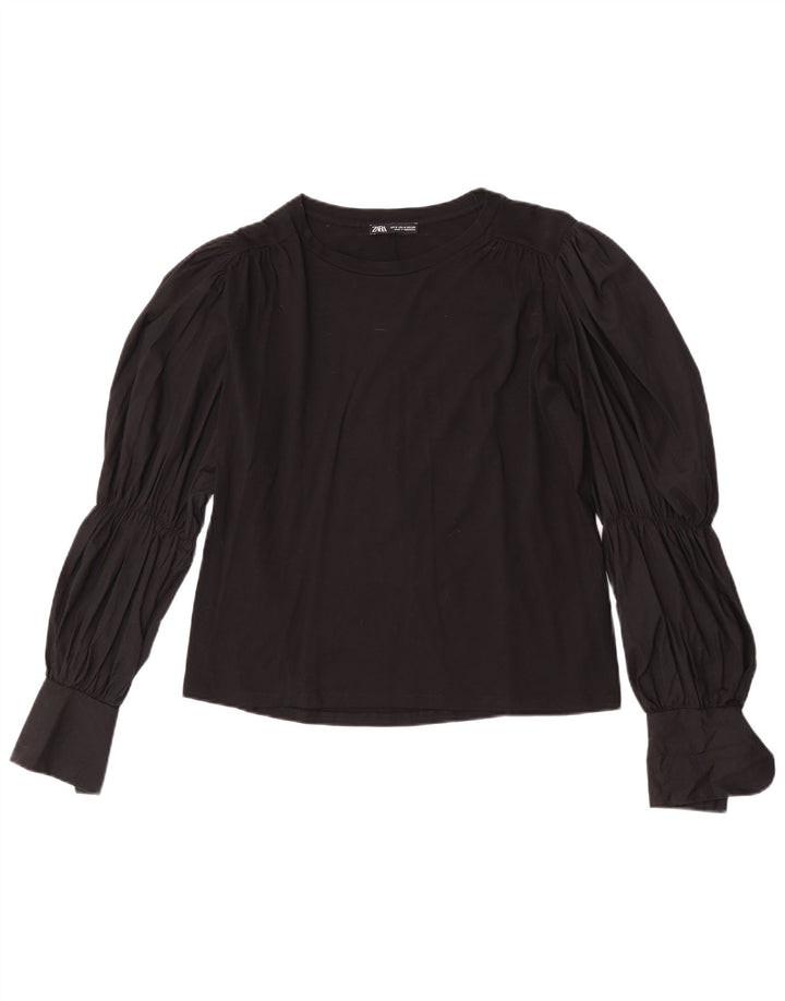 Blusa feminina de manga comprida Zara UK 14 algodão preto médio