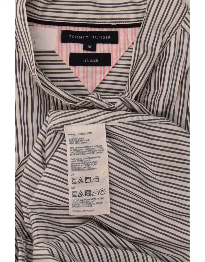 Camisa feminina Tommy Hilfiger sem mangas com gravata frontal US 8 risca de giz cinza médio