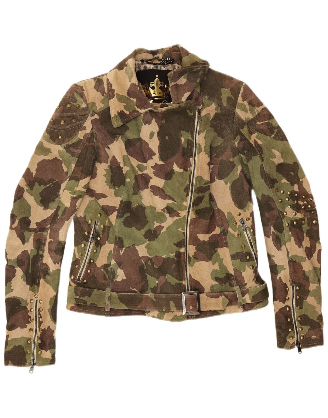 Jaqueta feminina vintage de camurça para motociclista Reino Unido 16 couro camuflado verde grande