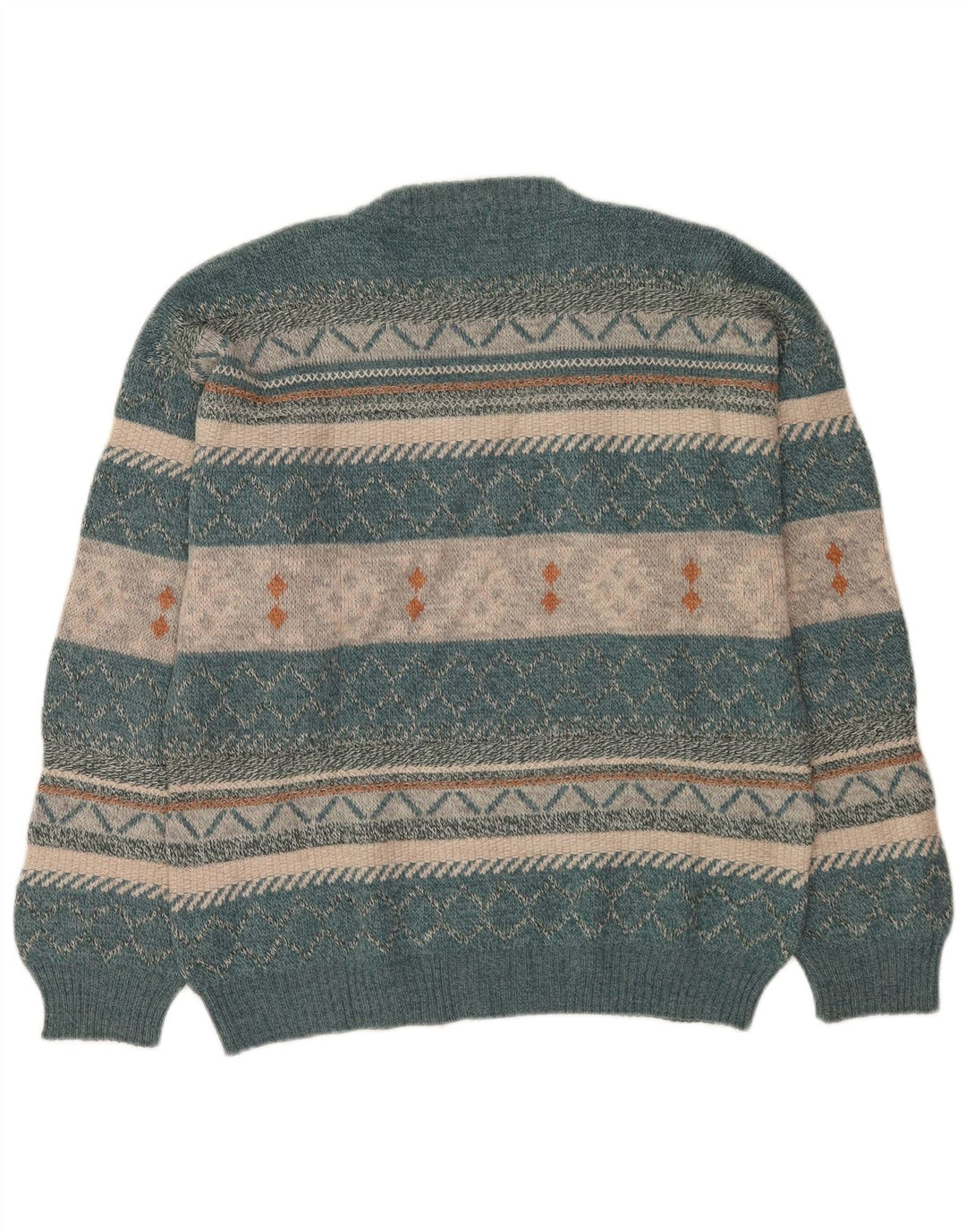 Suéter masculino vintage com decote em V grande lã azul Fair Isle