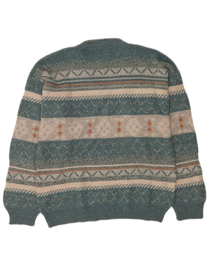 Suéter masculino vintage com decote em V grande lã azul Fair Isle