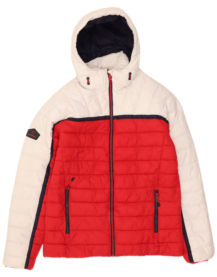 Jaqueta acolchoada com capuz masculina Superdry UK 40 grande poliéster branco Colourblock