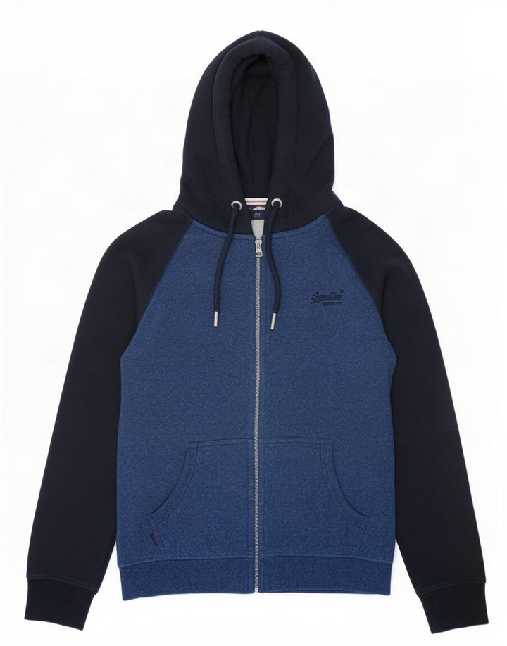 Suéter masculino Superdry com capuz e zíper azul médio algodão colorblock