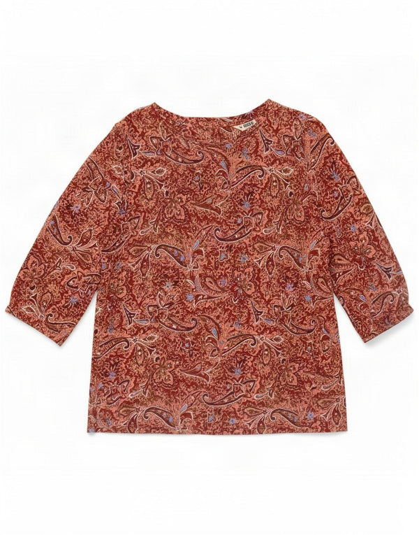 Blusa feminina de manga 3/4 Fat Face UK 12 Algodão Paisley vermelho médio