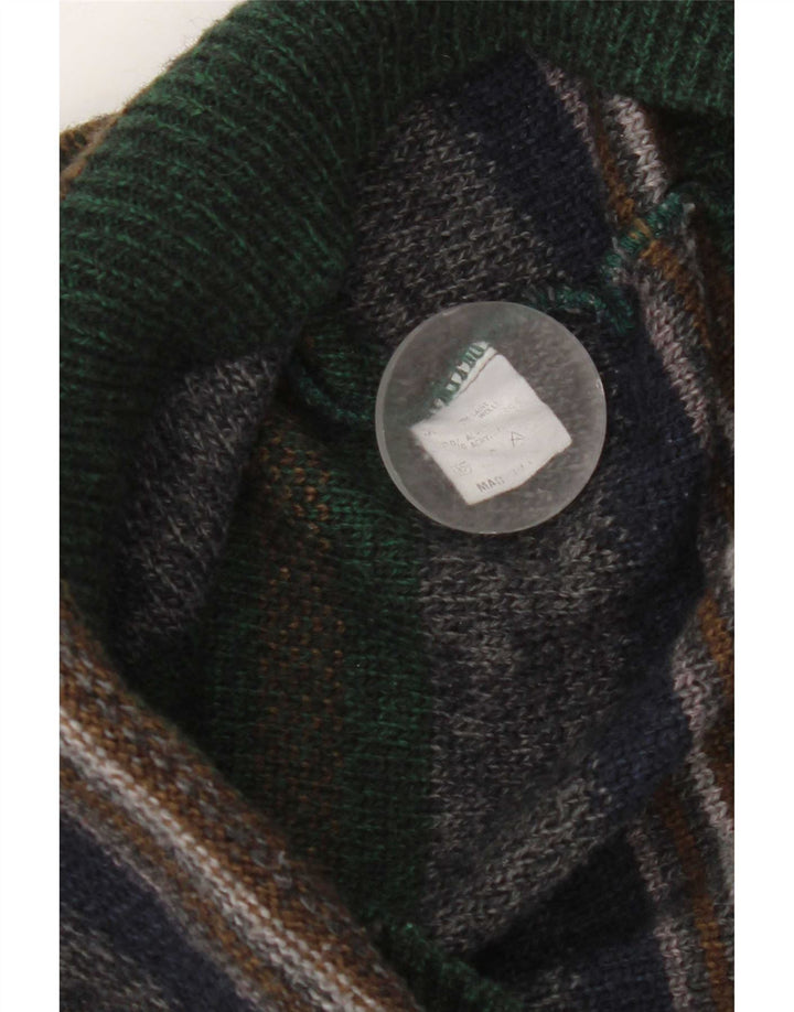 Suéter cardigã masculino vintage sem mangas, lã listrada multicolorida média