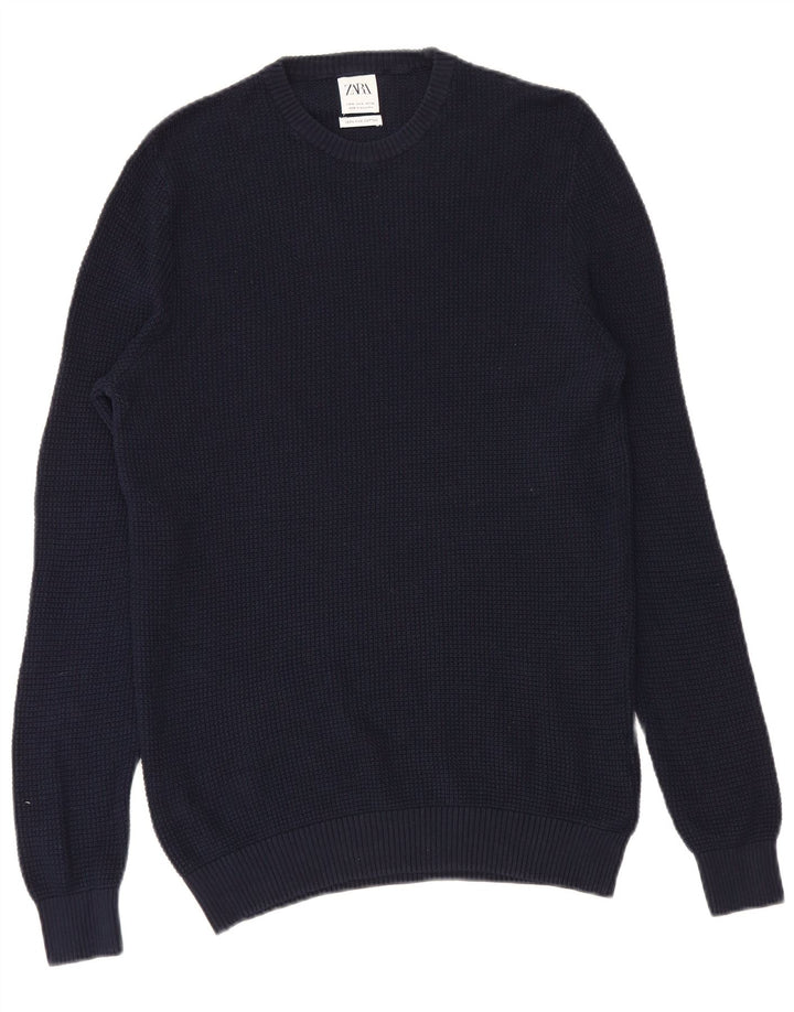 Zara Suéter masculino com gola redonda e algodão azul marinho médio