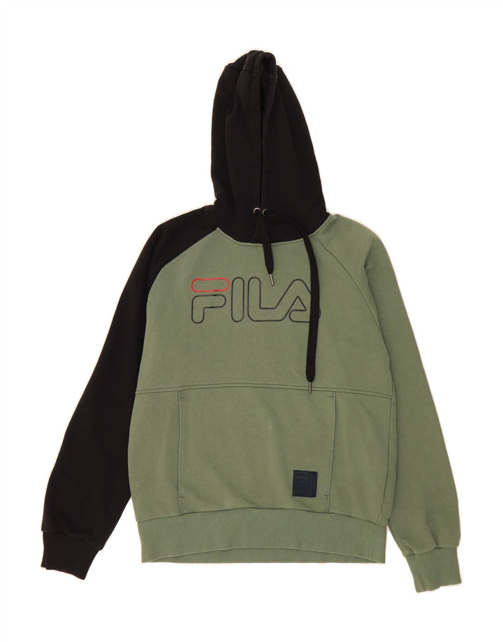 FILA Mens Graphic Hoodie Jumper Small Khaki Colourblock Cotton Vintage Fila and Second-Hand Fila from Messina Hembry 