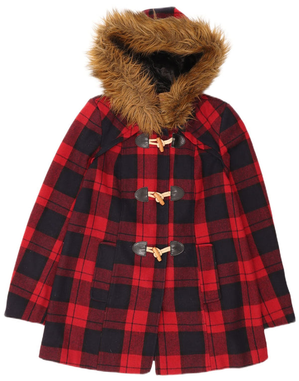 Jaqueta feminina com capuz MISS SELFRIDGE Reino Unido 6 XS lã xadrez vermelha