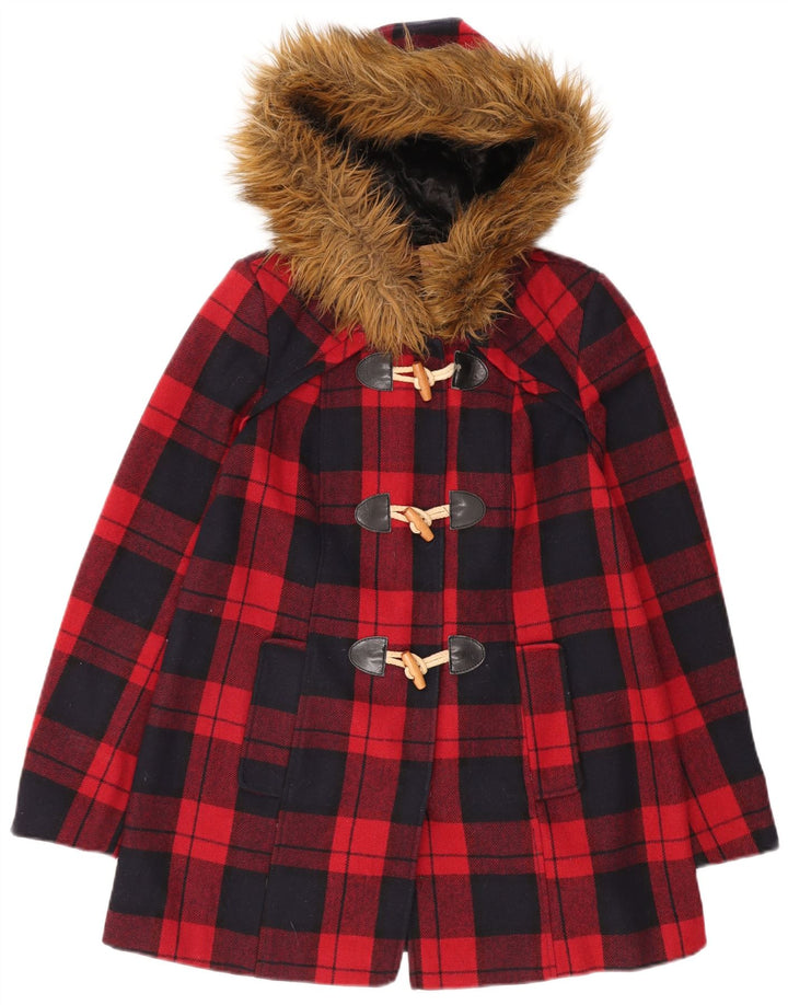 Jaqueta feminina com capuz MISS SELFRIDGE Reino Unido 6 XS lã xadrez vermelha