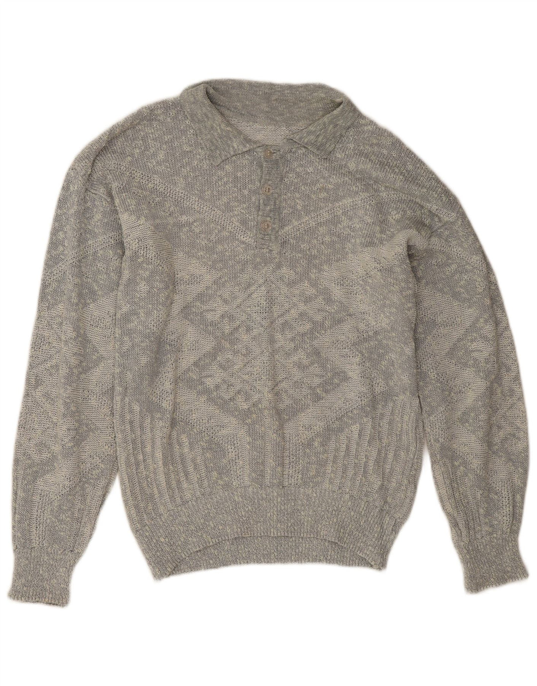 Suéter vintage masculino com gola polo e grande cinza geométrico