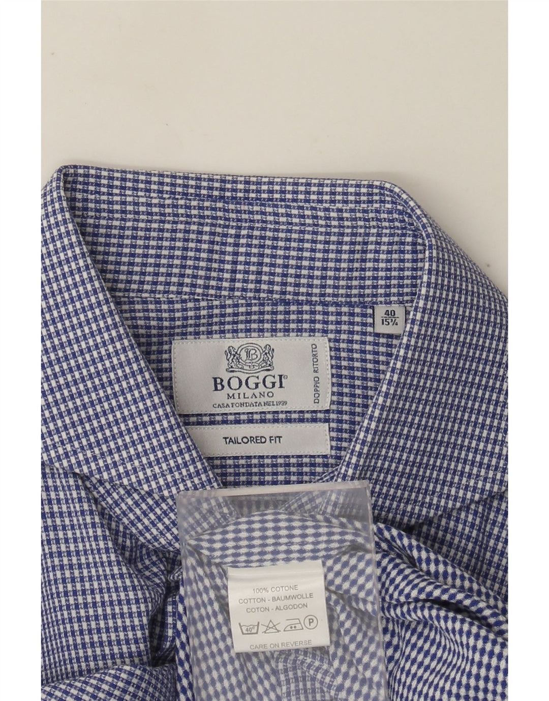 Camisa masculina Boggi tamanho 40 15 3/4 algodão guingão azul médio