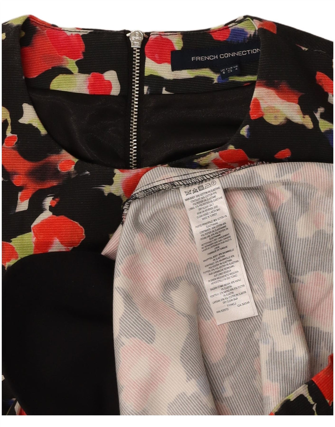 FRENCH CONNECTION Vestido feminino evasê Reino Unido 8 pequeno algodão floral preto