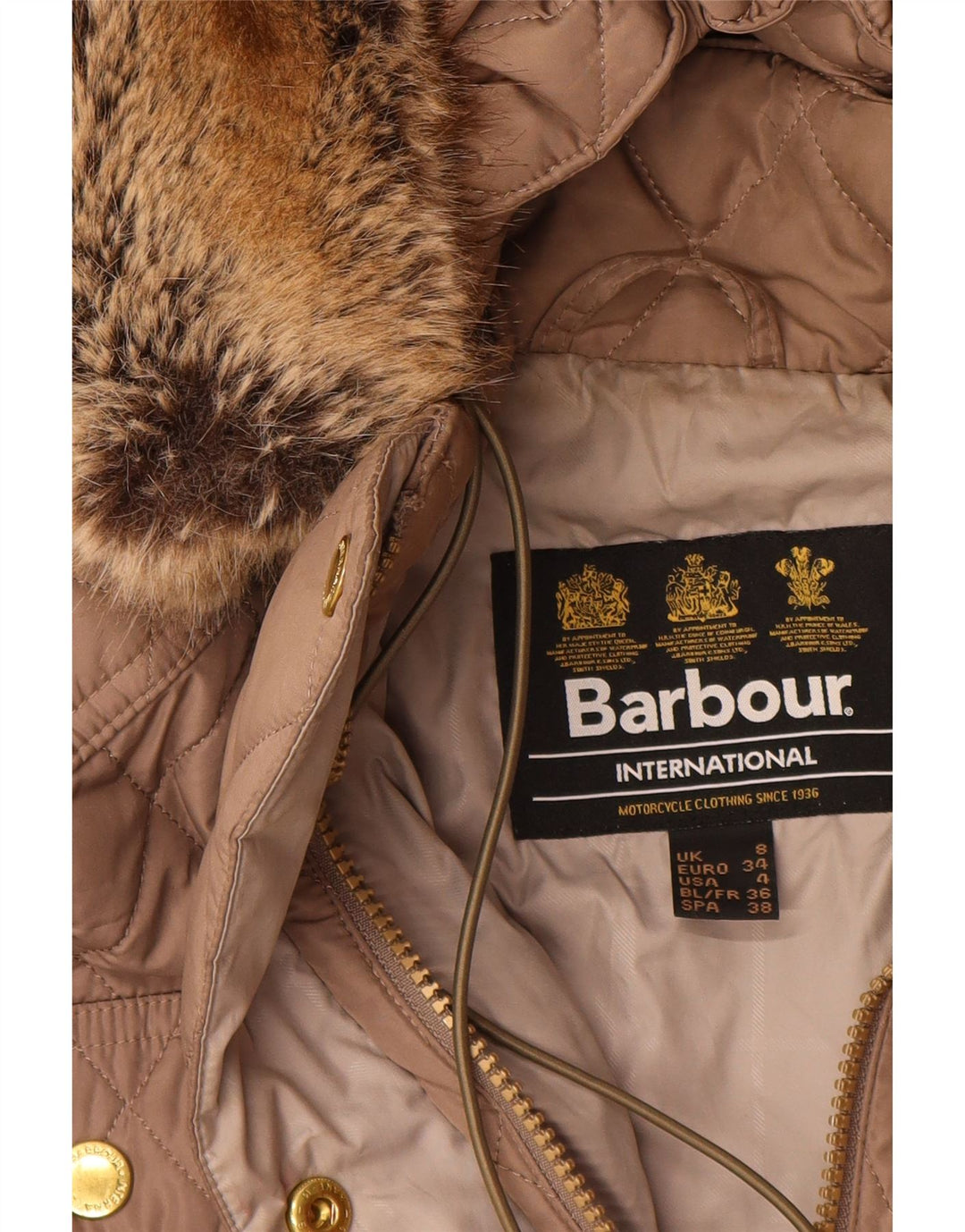 Sobretudo feminino acolchoado com capuz BARBOUR UK 8 pequeno poliéster bege