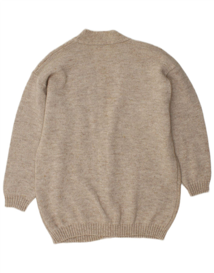Suéter cardigã feminino vintage grande Reino Unido 14 lã bege médio