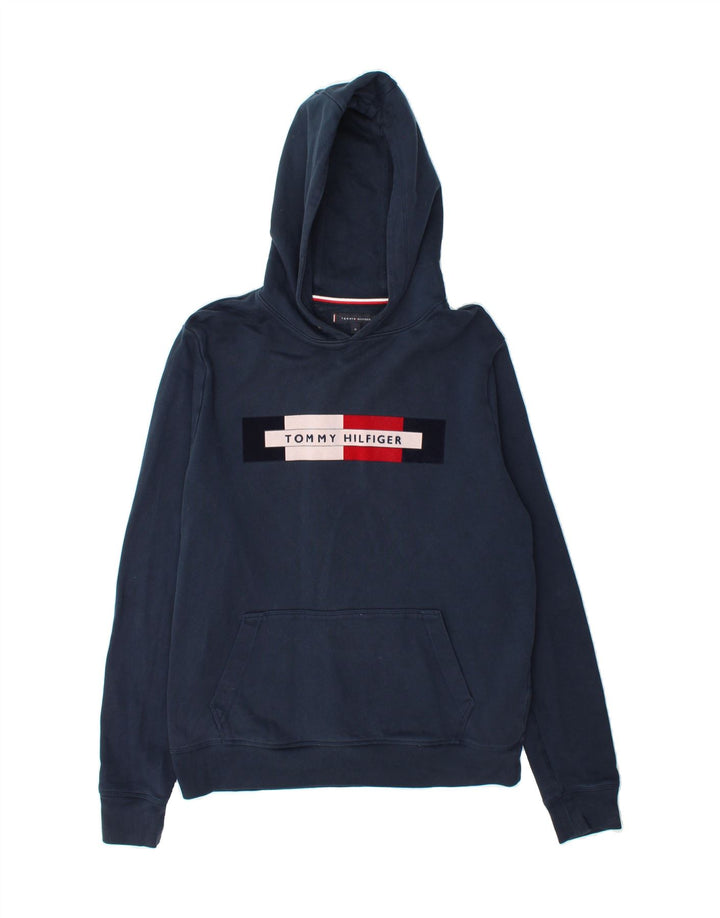 TOMMY HILFIGER Mens Graphic Hoodie Jumper Medium Navy Blue Cotton Vintage Tommy Hilfiger and Second-Hand Tommy Hilfiger from Messina Hembry 