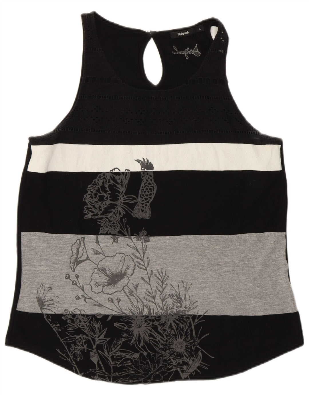 DESIGUAL Colete feminino gráfico top UK 14 grande listrado preto
