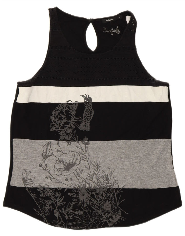 DESIGUAL Colete feminino gráfico top UK 14 grande listrado preto