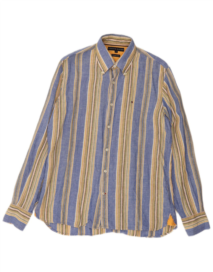 Camisa masculina Tommy Hilfiger de linho listrado azul médio