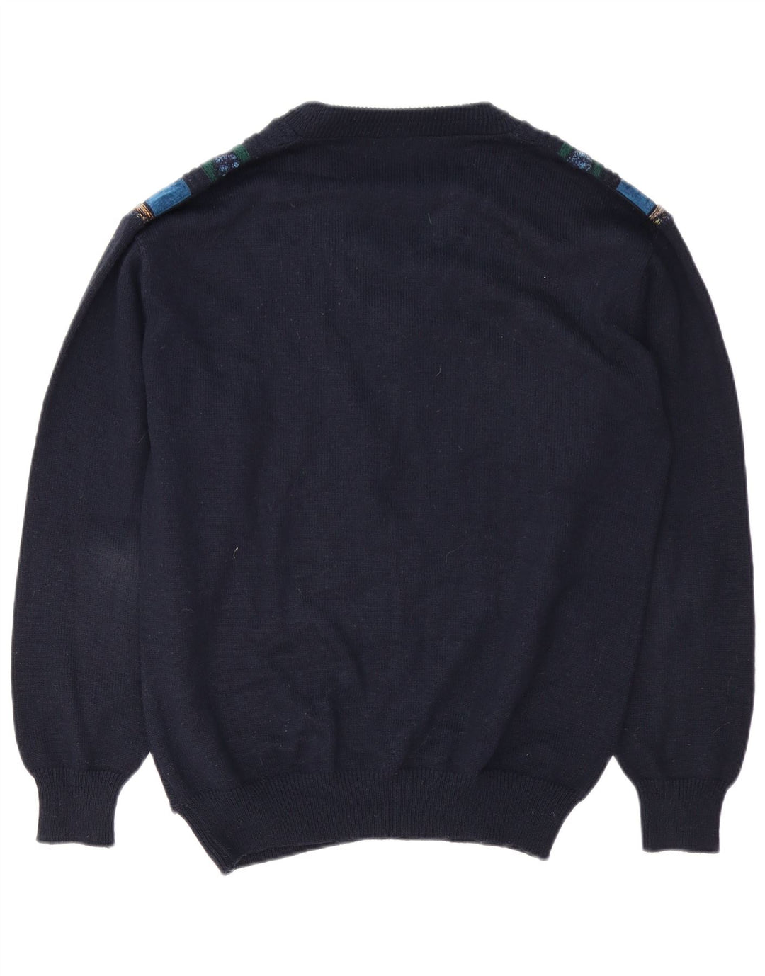 Suéter vintage masculino com decote em V grande poliacrílico geométrico azul marinho