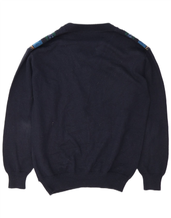 Suéter vintage masculino com decote em V grande poliacrílico geométrico azul marinho