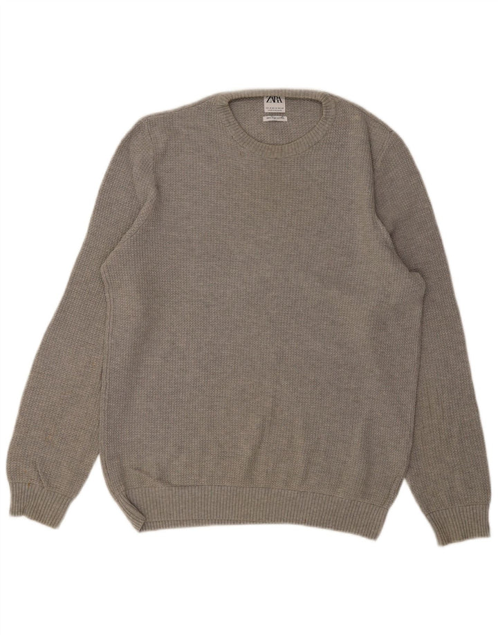 Suéter masculino ZARA com gola redonda e algodão cinza médio