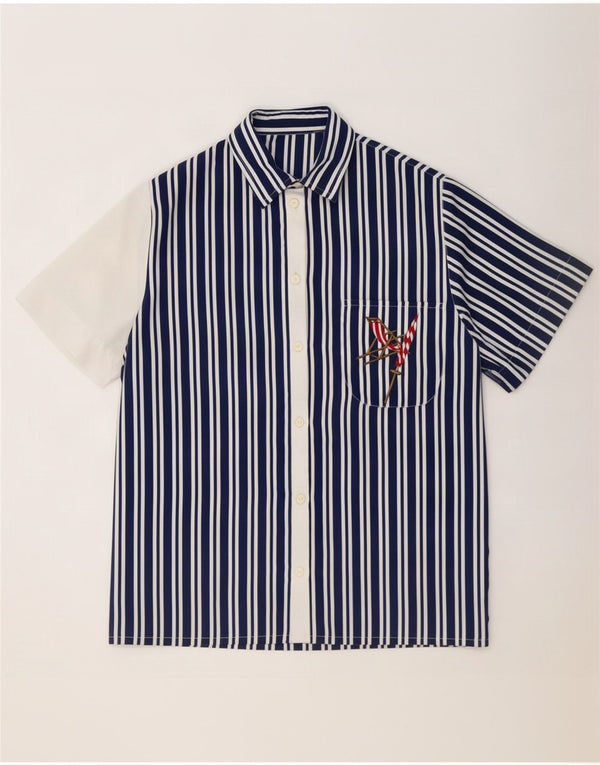 Camisa gráfica feminina vintage Reino Unido 14 grande azul marinho listrado náutico