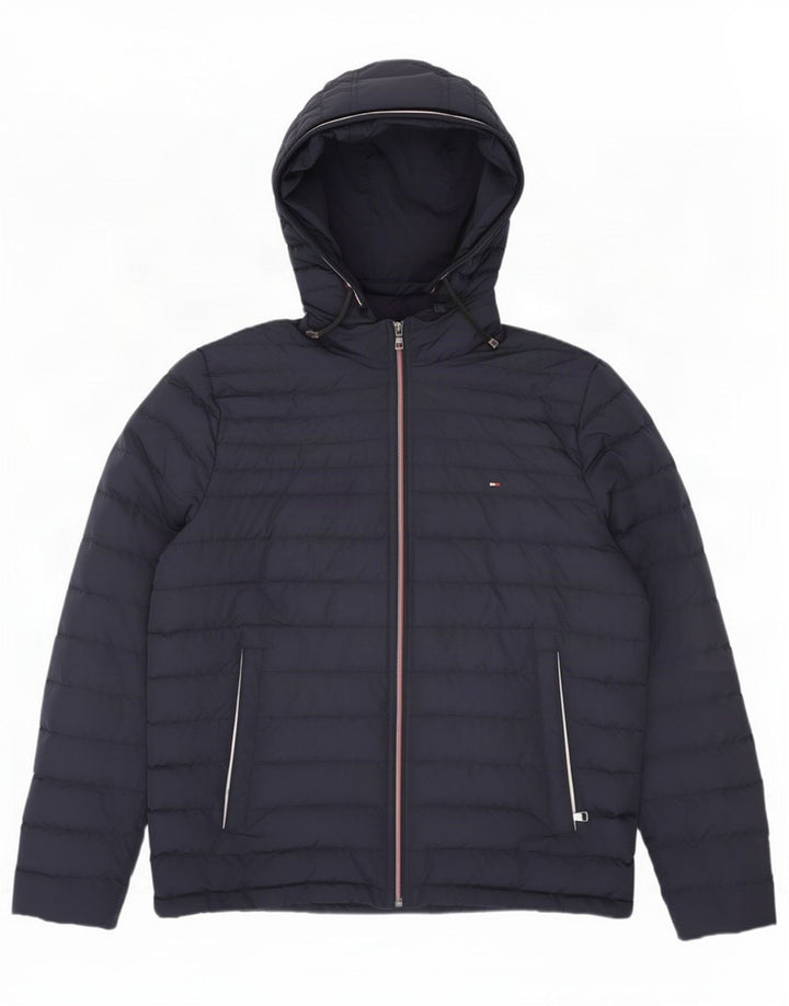 Jaqueta acolchoada com capuz masculina Tommy Hilfiger Reino Unido 40 grande poliéster azul marinho