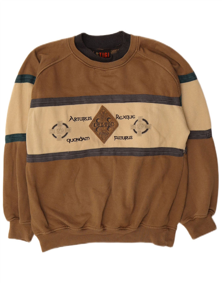 Suéter gráfico masculino vintage, pequeno, marrom, colorblock, poliéster