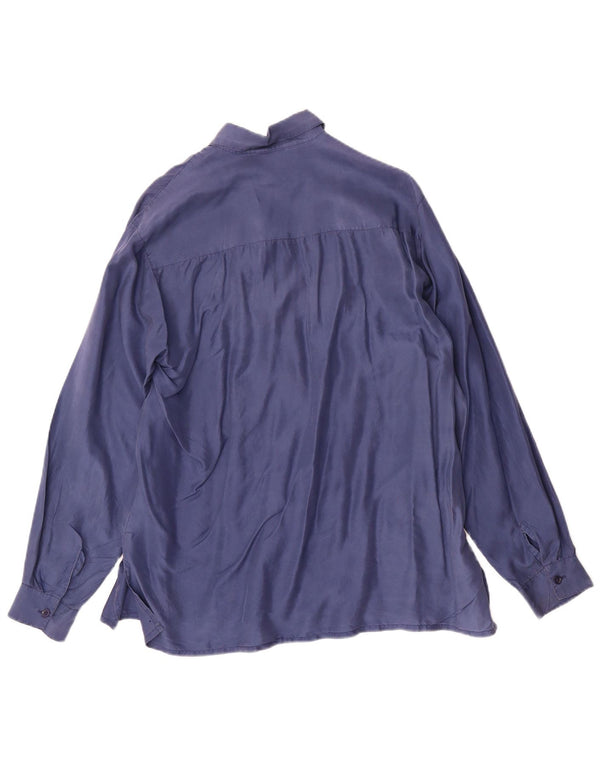 Blusa camisa feminina vintage Reino Unido 16 grande seda azul marinho