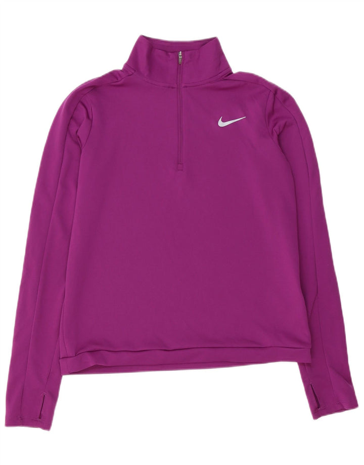 Nike Womens Dri Fit Zip Neck Pullover Treino Top UK 10 Pequeno Roxo