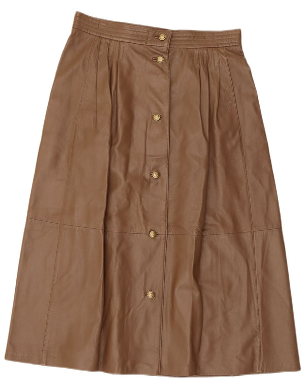 Saia feminina vintage de couro plissado Reino Unido 12 médio W30 couro marrom