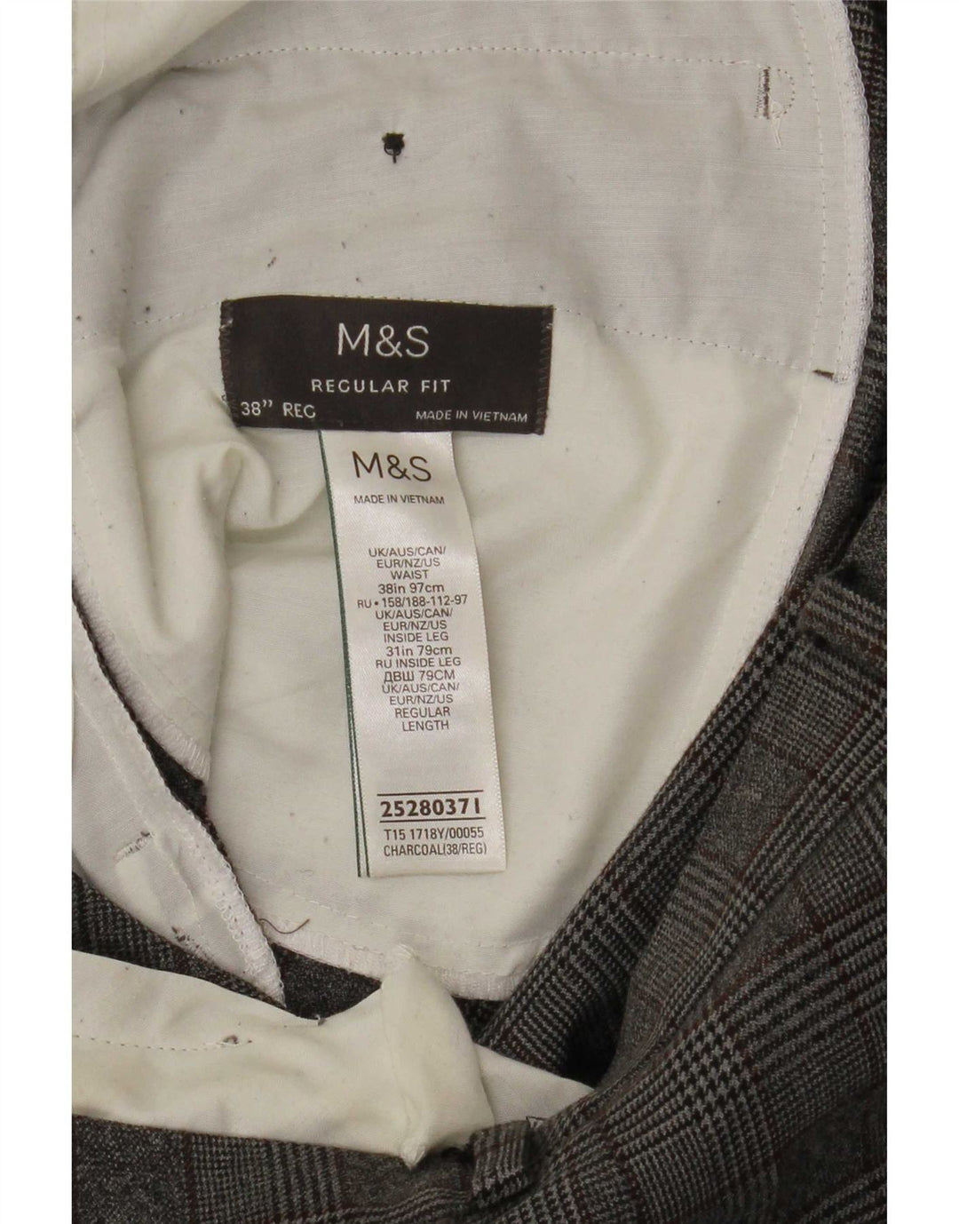 Calça masculina de ajuste regular Marks & Spencer W38 L31 poliéster xadrez cinza