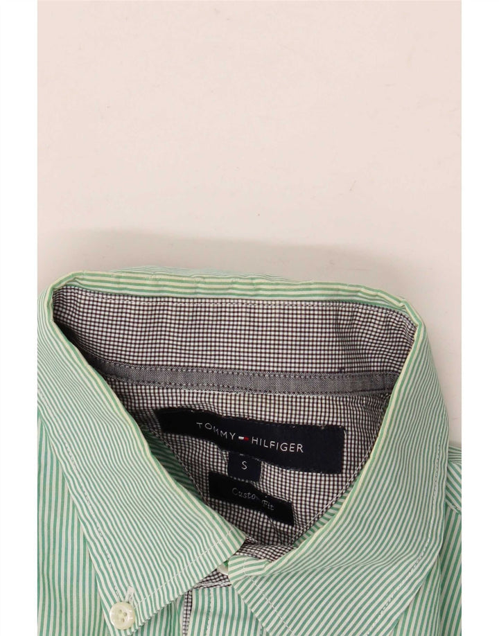 Camisa masculina Tommy Hilfiger Custom Fit pequena listrada verde de algodão